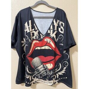 Women's Plus Size 4XL Rock & Roll Lips Graphic V-Neck T-Shirt Dark Oversized
